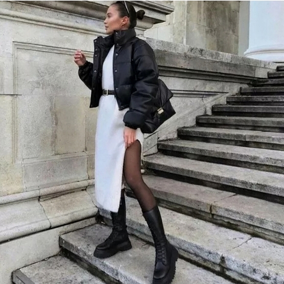 NW ZARA BLACK FAUX LEATHER PUFFER JACKET - Picture 3 of 14